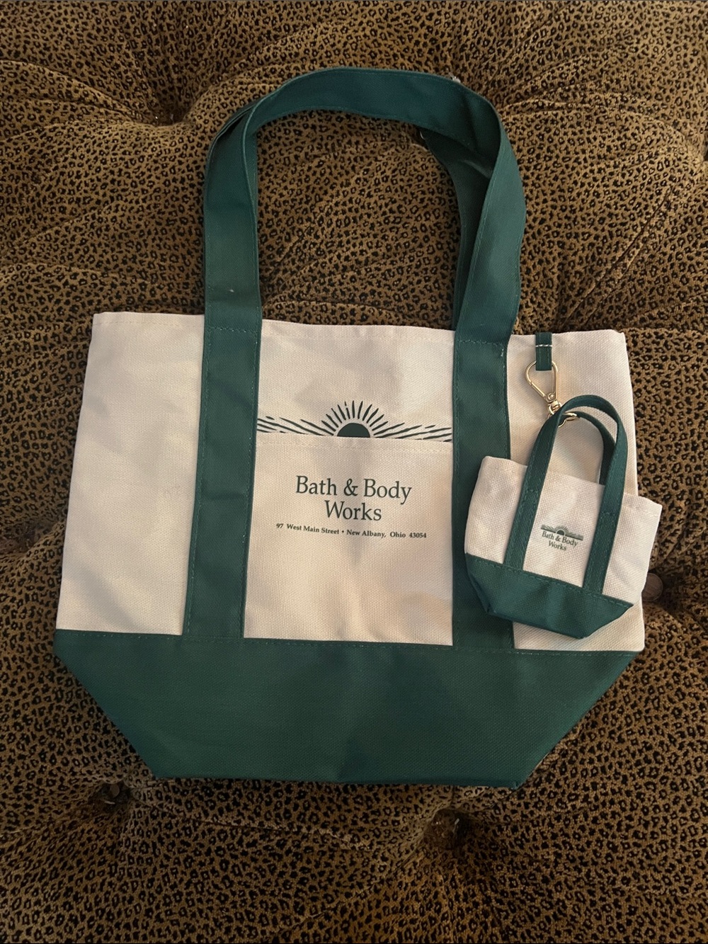 Bath & Body Works White and Green Canvas Tote with Mini Bag